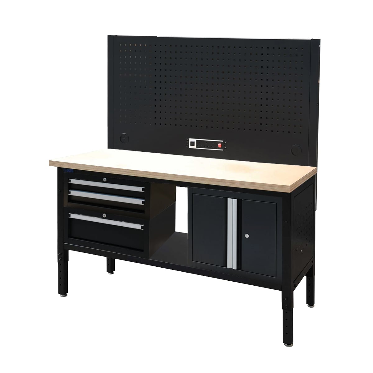 SGS 60in Modular Workstation- Wood Worktop | Pegboard Back Panel | Power Strip | 2x Drawers & Cupboard